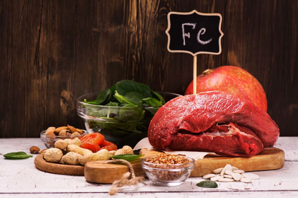 A table with food containing iron nutrient