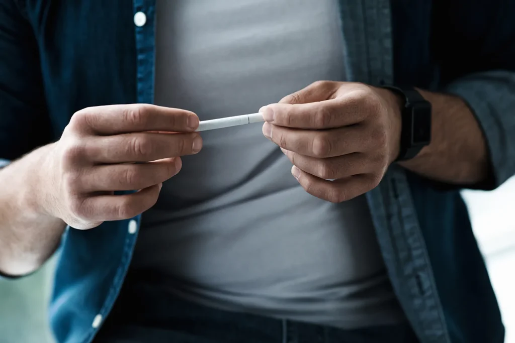 Person's hands holding and manipulating a white heat-not-burn tobacco stick. The person wears a blue denim shirt, a grey t-shirt, and a black fitness tracker on their wrist.