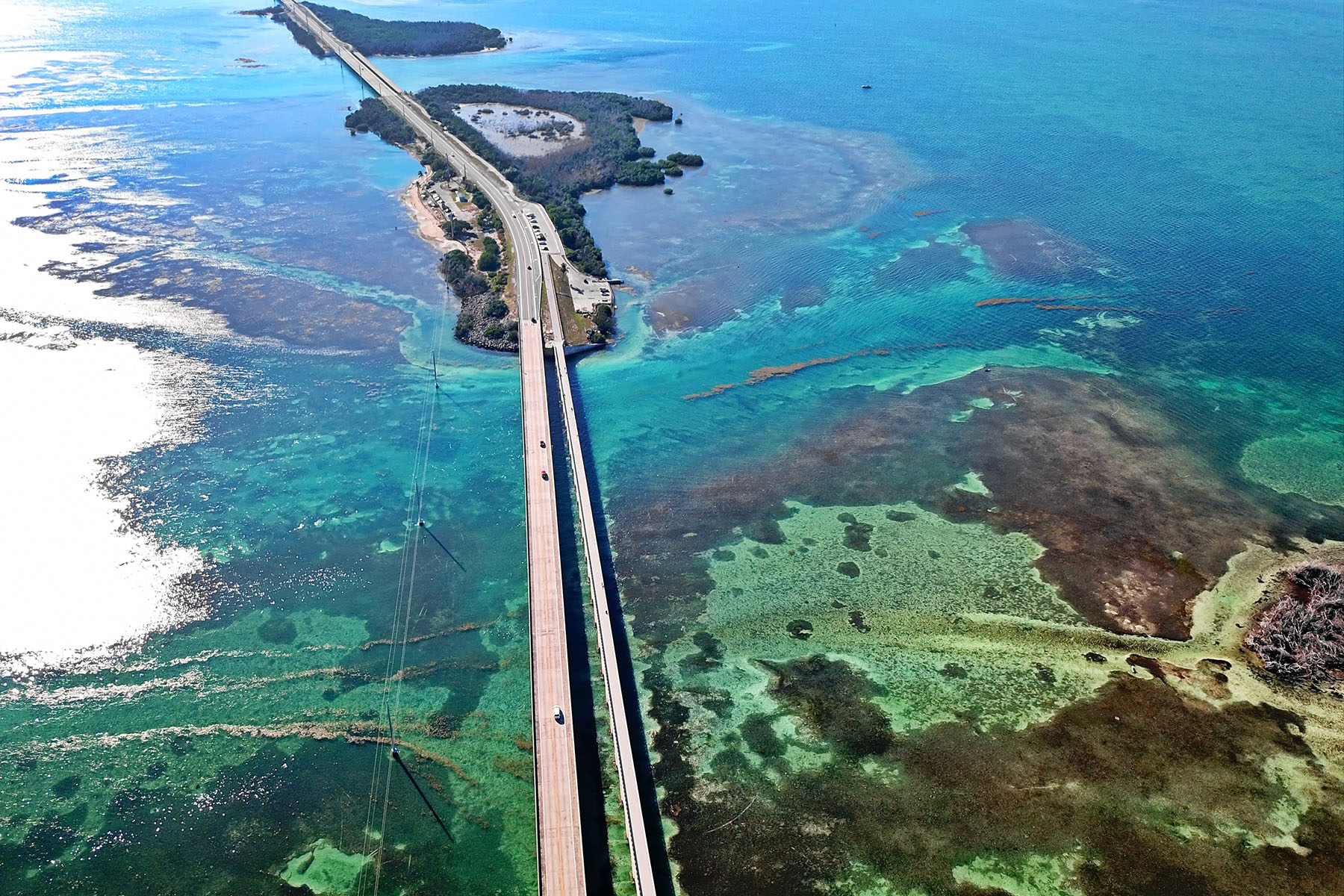 Aerial shot of 7 Mile Bridge and coral in water