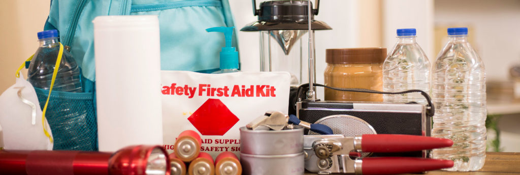 hurricane prep supplies collected on table