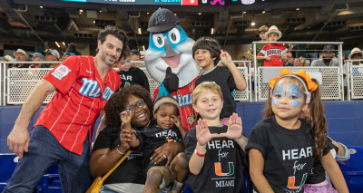 Group of kids with Marlins mascot
