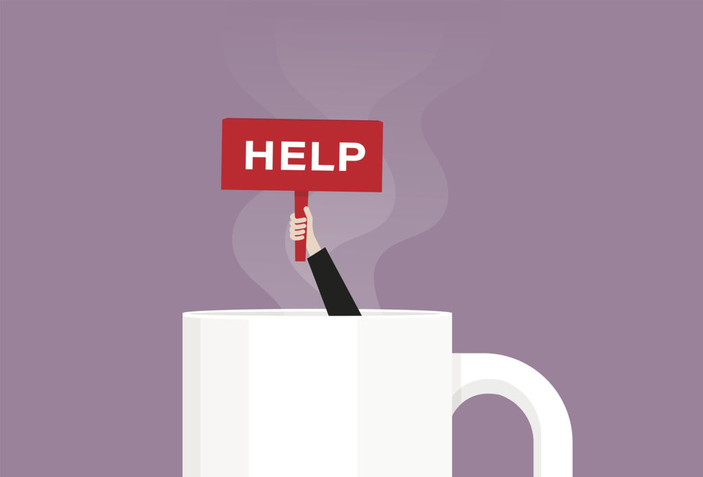 burnout - coffee but with man arm reaching for help