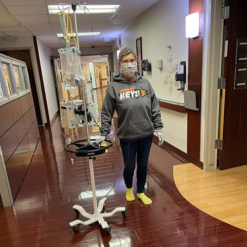 Lesley Klein walking in hospital