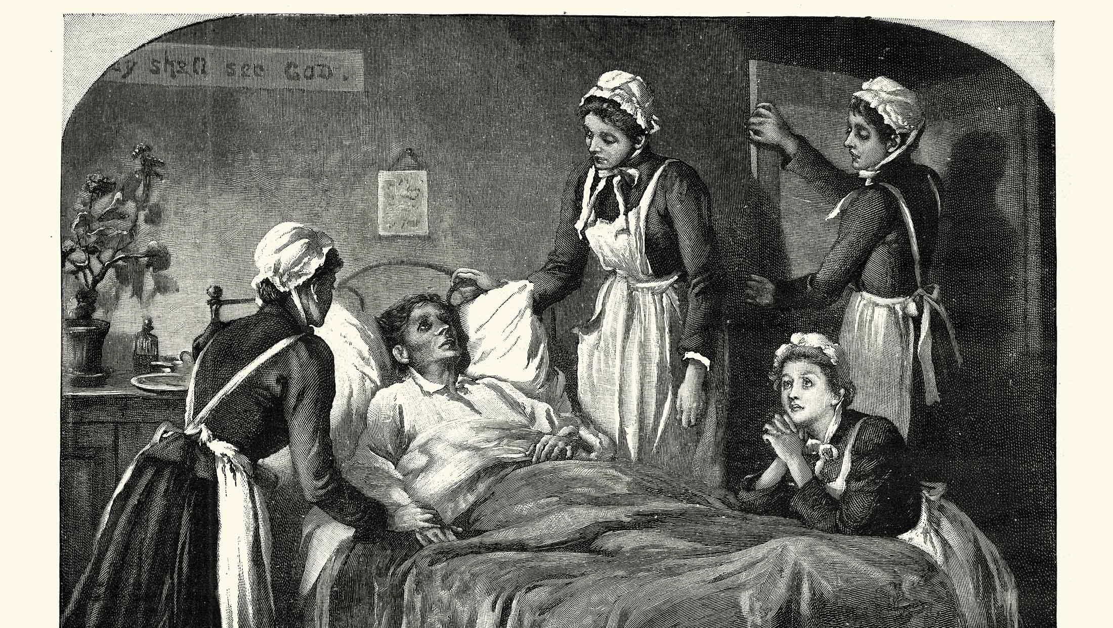 Nurses stand around TB patient's bed - antique black and white photo