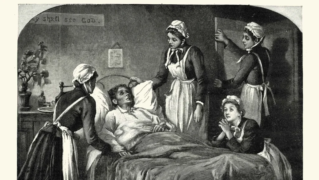 Antique engraving showing several women, dressed as nurses, caring for a man in a sickbed. One nurse sits by his side, another leans over him, a third opens a door, and a fourth kneels at the foot of the bed. Above the bed, text reads "they shall see God."