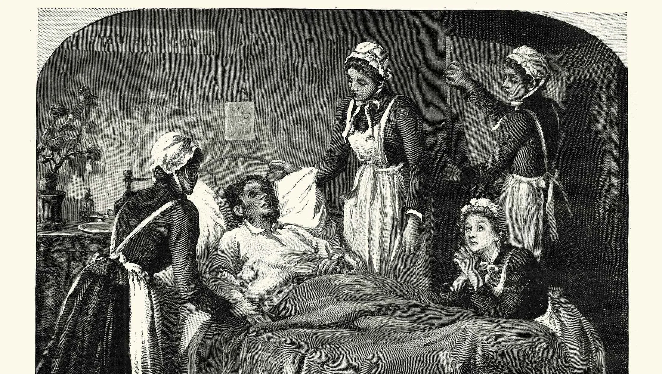 Antique engraving showing several women, dressed as nurses, caring for a man in a sickbed. One nurse sits by his side, another leans over him, a third opens a door, and a fourth kneels at the foot of the bed. Above the bed, text reads "they shall see God."