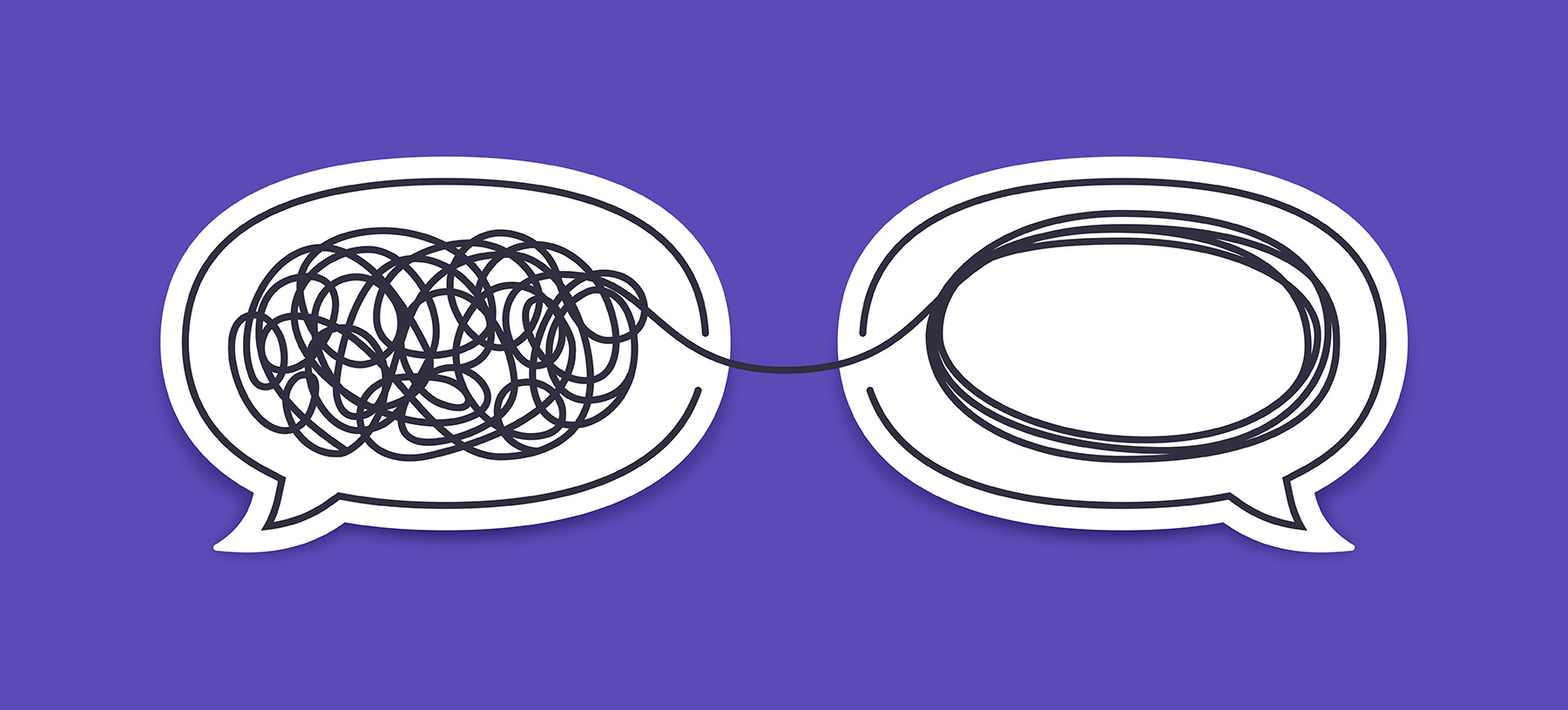 Graphic with two thought bubbles - left one has messy string of thoughts, right one is organized and streatmlined.