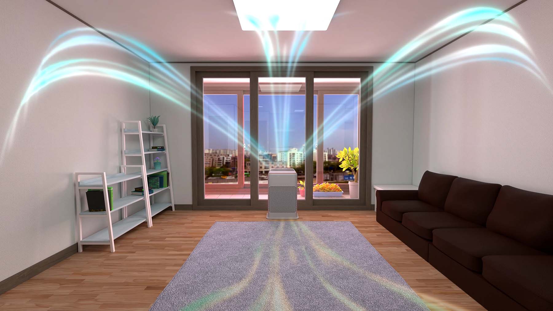 Rendering of an air cleaner circulating clean air in a condo.