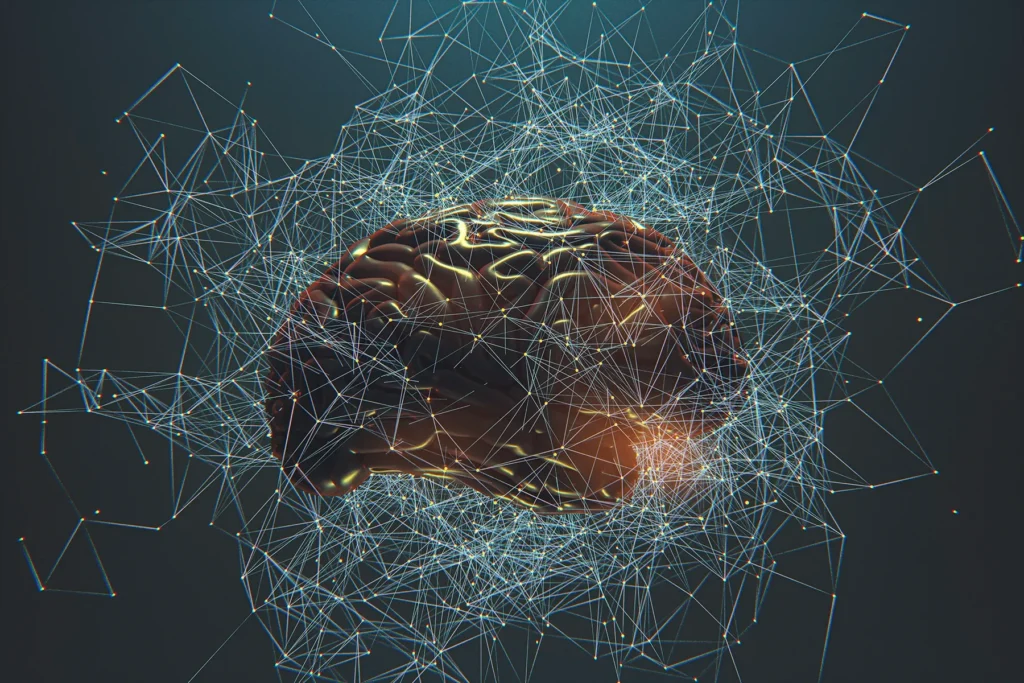 Stylized human brain surrounded by a glowing digital neural network, symbolizing AI or complex thought.