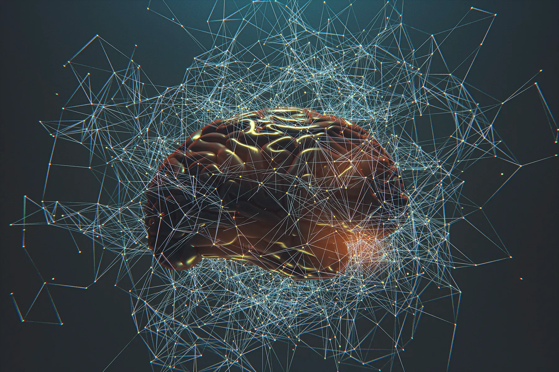 Stylized human brain surrounded by a glowing digital neural network, symbolizing AI or complex thought.
