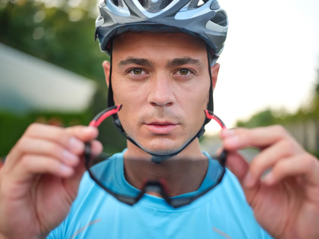 Bicyclist puts on protective eye wear.