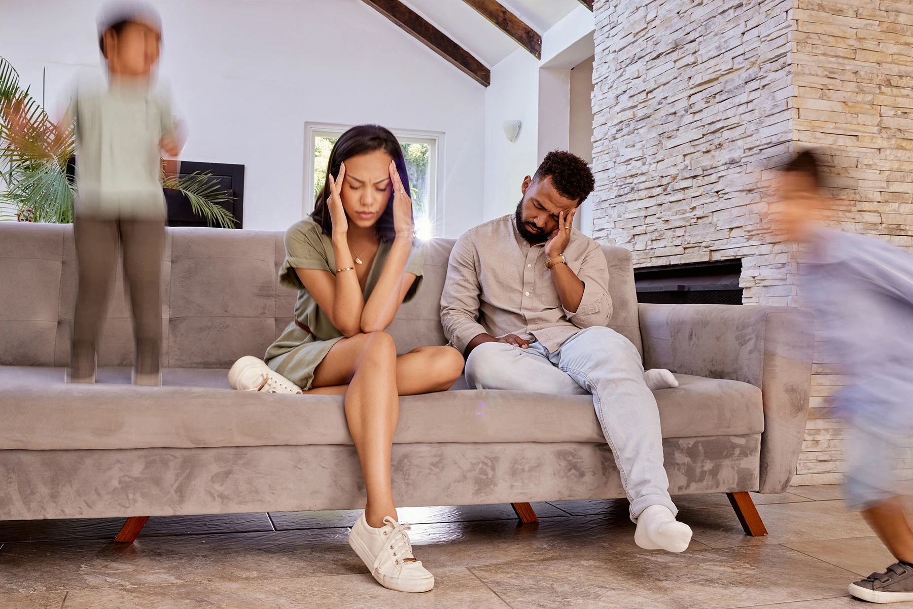 Lovely young couple are experiencing parental burnout.