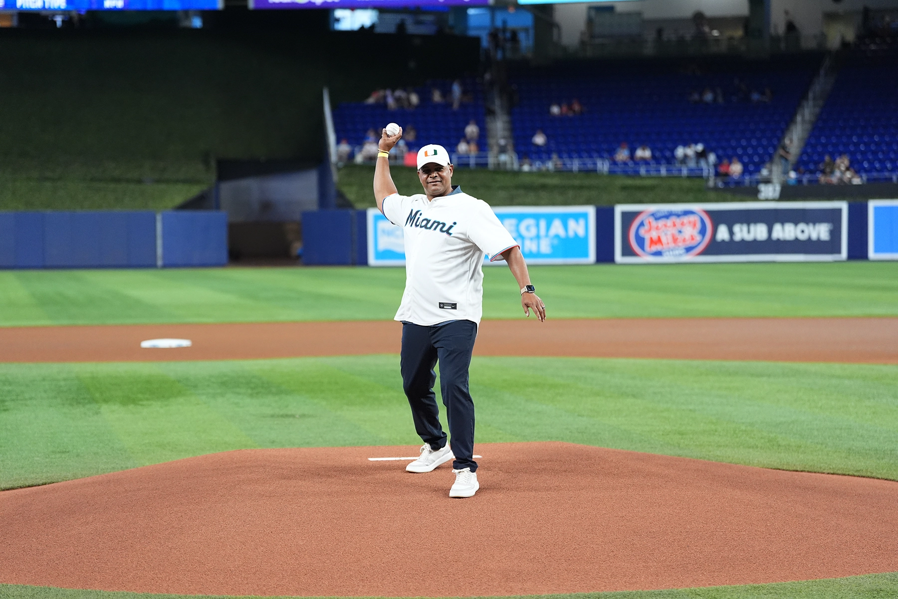 Sylvester Cancer patient Mervyl Melendez throws out the first pitch at the Florida Marlins game.