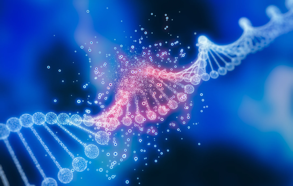 A close-up, abstract image showing a double helix structure, representing DNA, against a blue background with glowing orbs, suggesting a genetic mutation or scientific concept.
