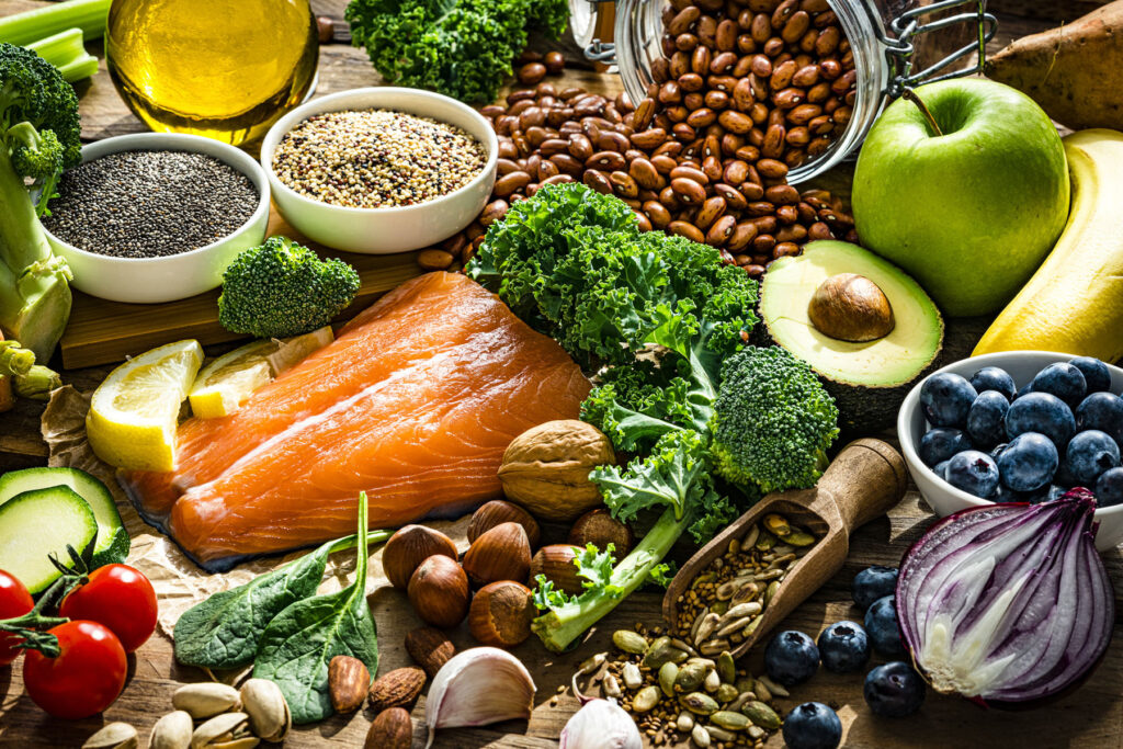 Healthy and well balanced group of food for heart care.