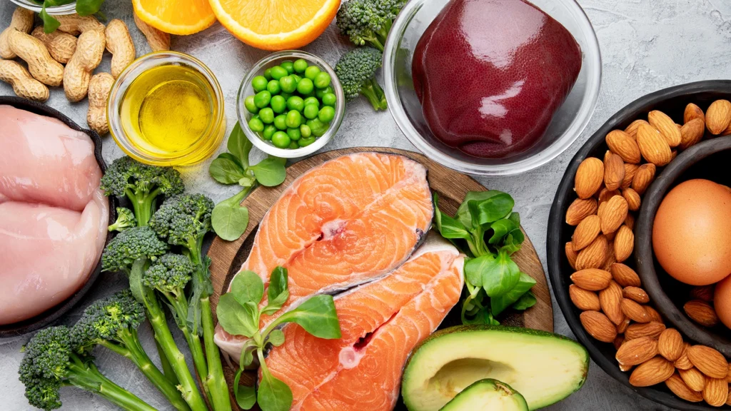 A variety of food that are rich in CoQ10, including nuts, fish, and sspinach