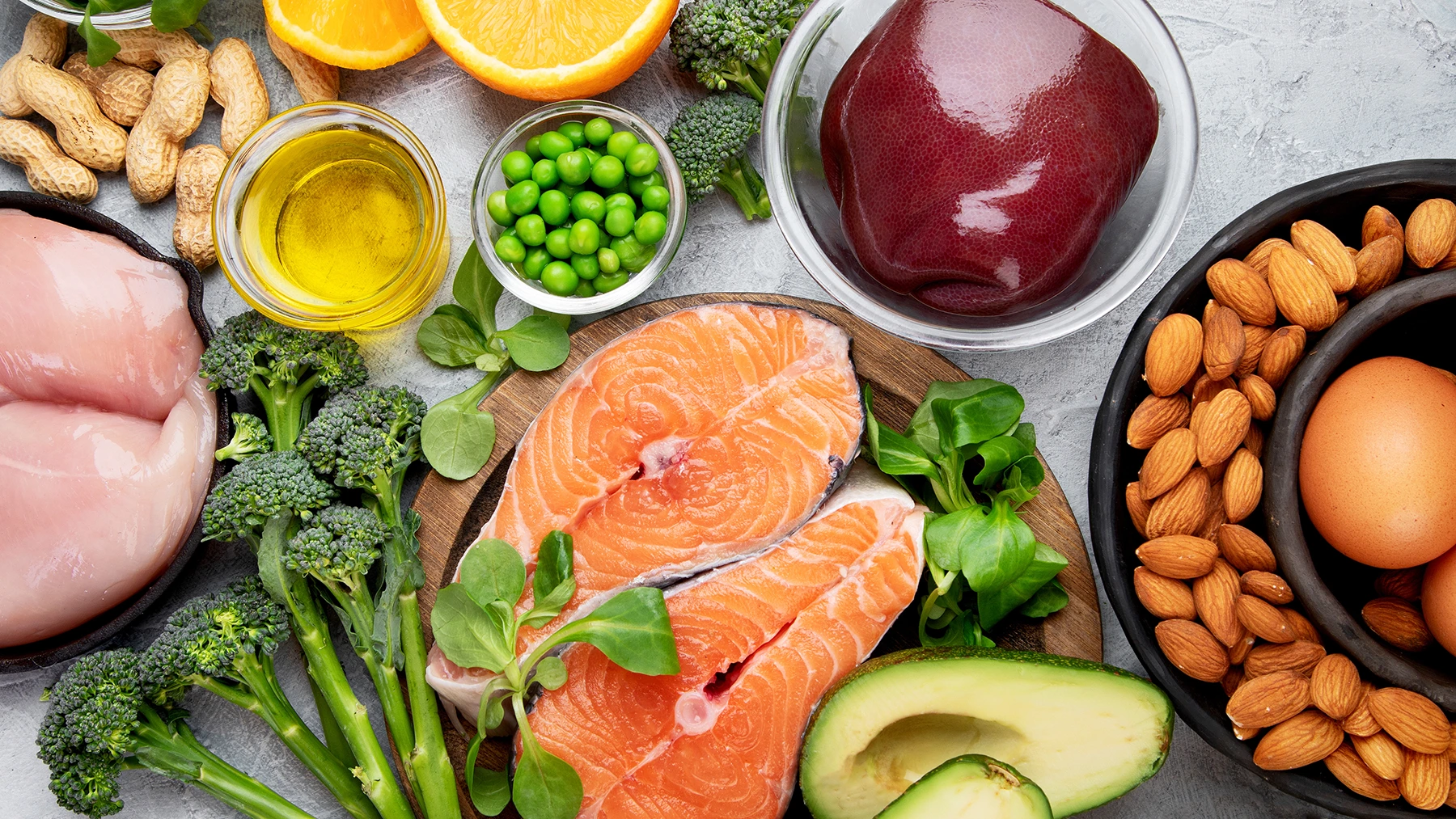 A variety of food that are rich in CoQ10, including nuts, fish, and sspinach