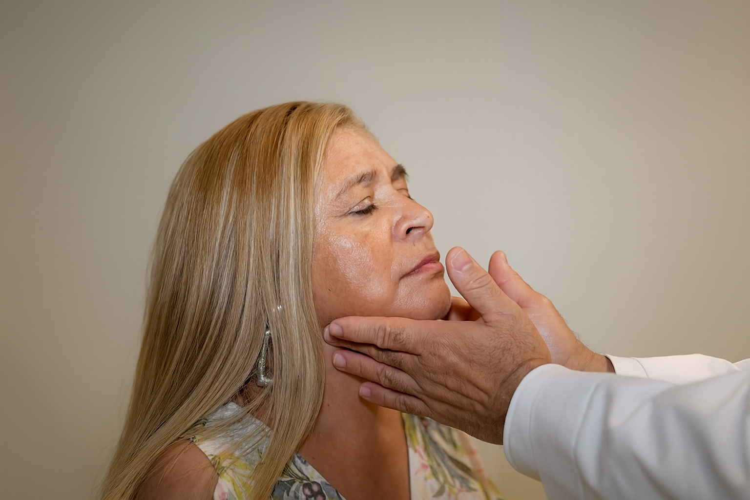 doctor gently examines a middle-aged woman’s jaw and neck during a medical consultation. The woman, with long blonde hair and closed eyes, appears calm as the physician’s hands support her face against a soft, neutral background.