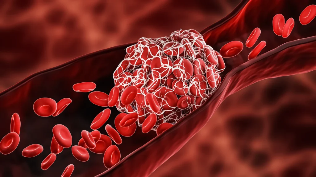Blood Clot or thrombus blocking the red blood cells stream within an artery or a vein 3D rendering illustration.