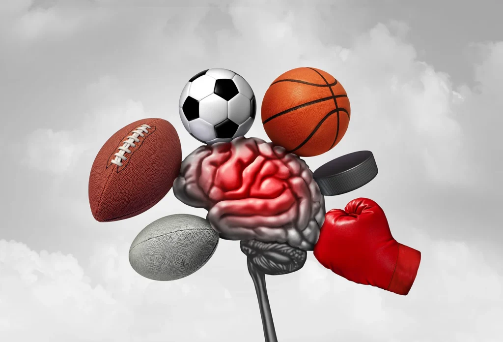 Image of brain as football hockey rugby basketball boxing and soccer as equipment or athletes crashing into a human head.