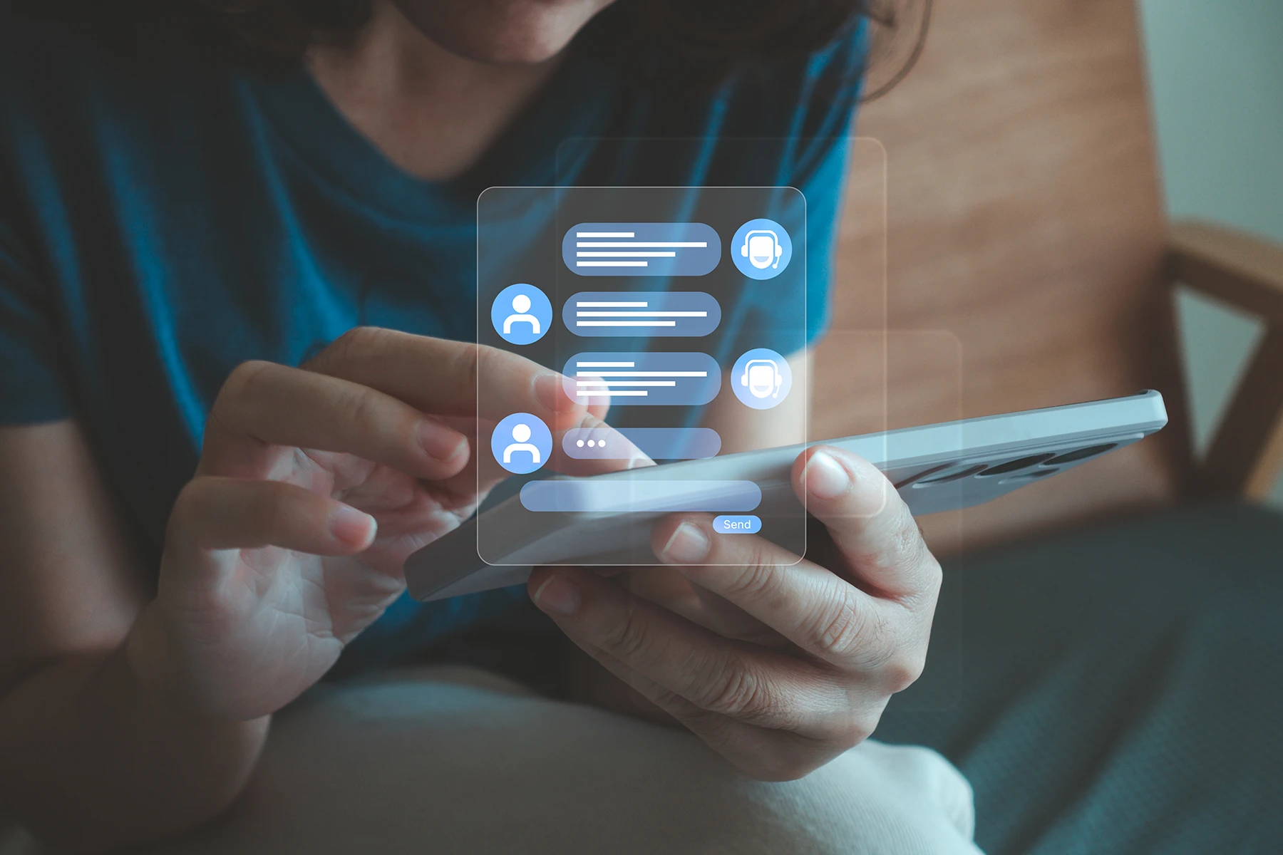 AI Chatbot conversation assistant. Woman using online health information with chat bot. AI automatic answering machine. Artificial intelligence. - stock photo