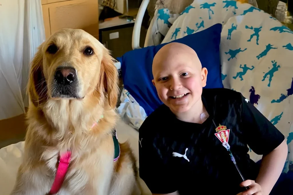 Smiling child with a bald head and a medical port, sitting next to a golden retriever therapy dog in a hospital bed with a blue Fortnite blanket.