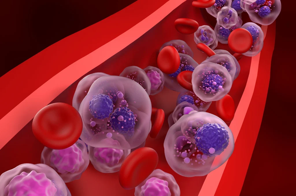 Multiple myeloma cells cluster in the blood flow - closeup view 3d illustration - stock photo