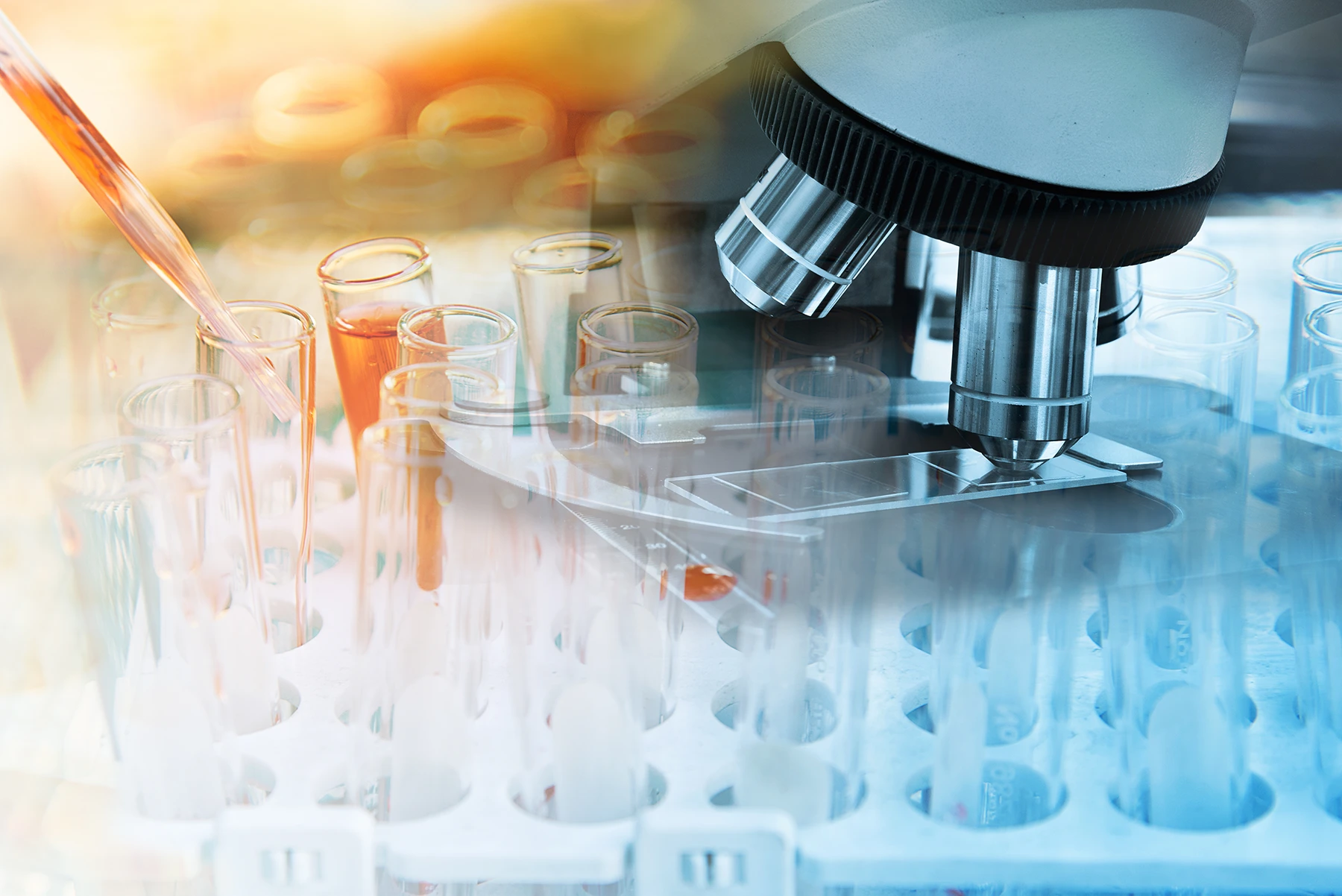 Blood test (liquid biopsy) under microscope.