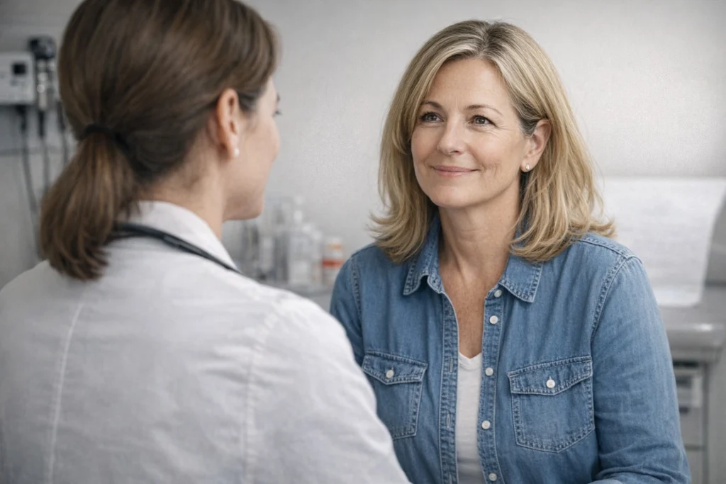 A clinician in a white coat consults with an adult patient seated in an exam room, with medical equipment and cabinets visible in the background.