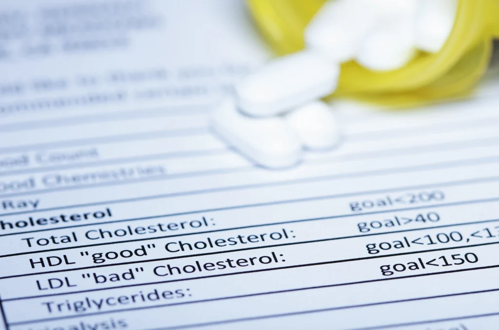 Pills on the results of blood testing, including testing for cholesterol - stock photo