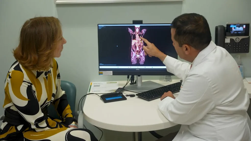 A doctor in a white lab coat points to a full-body medical scan on a computer monitor, explaining it to a female patient sitting beside him in a clinic.