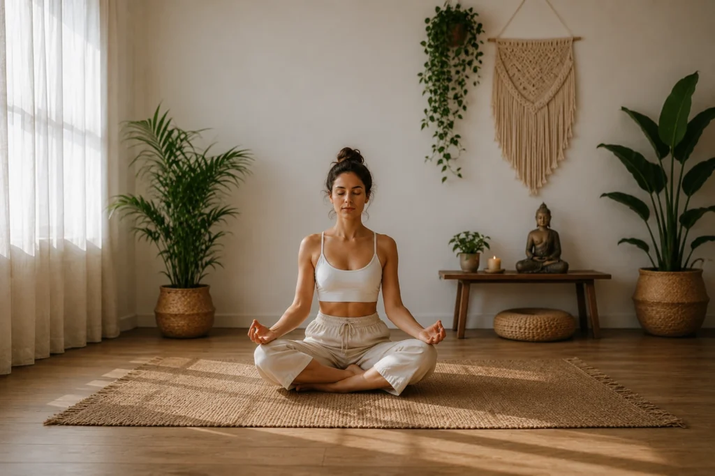 Young woman practicing mindfulness meditation in a lotus pose indoors, seated on a woven rug in a bright, tranquil room with natural light and plants, illustrating stress reduction, relaxation, and emotional well-being.