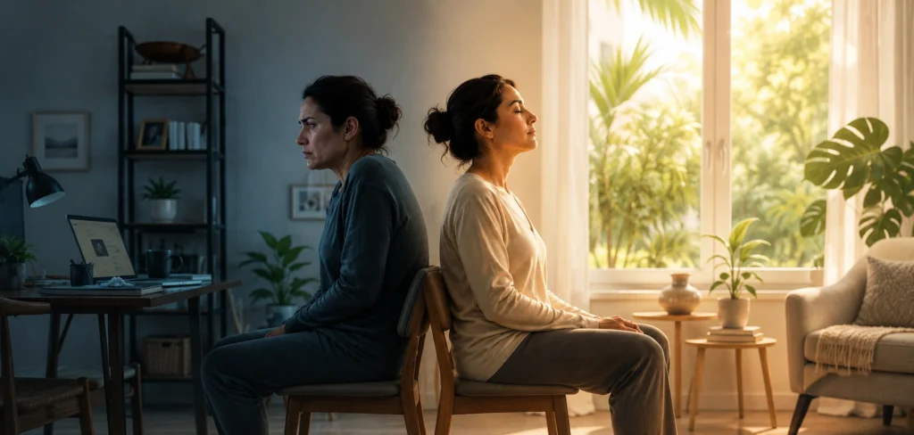 Illustration of a woman transitioning from stress to calm, symbolizing nervous system regulation through relaxed posture and warm natural light.