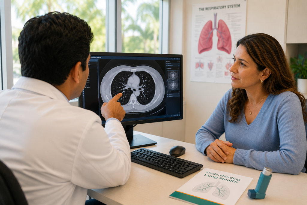 A pulmonologist reviewing chest imaging with an adult asthma patient in a modern academic medical center.