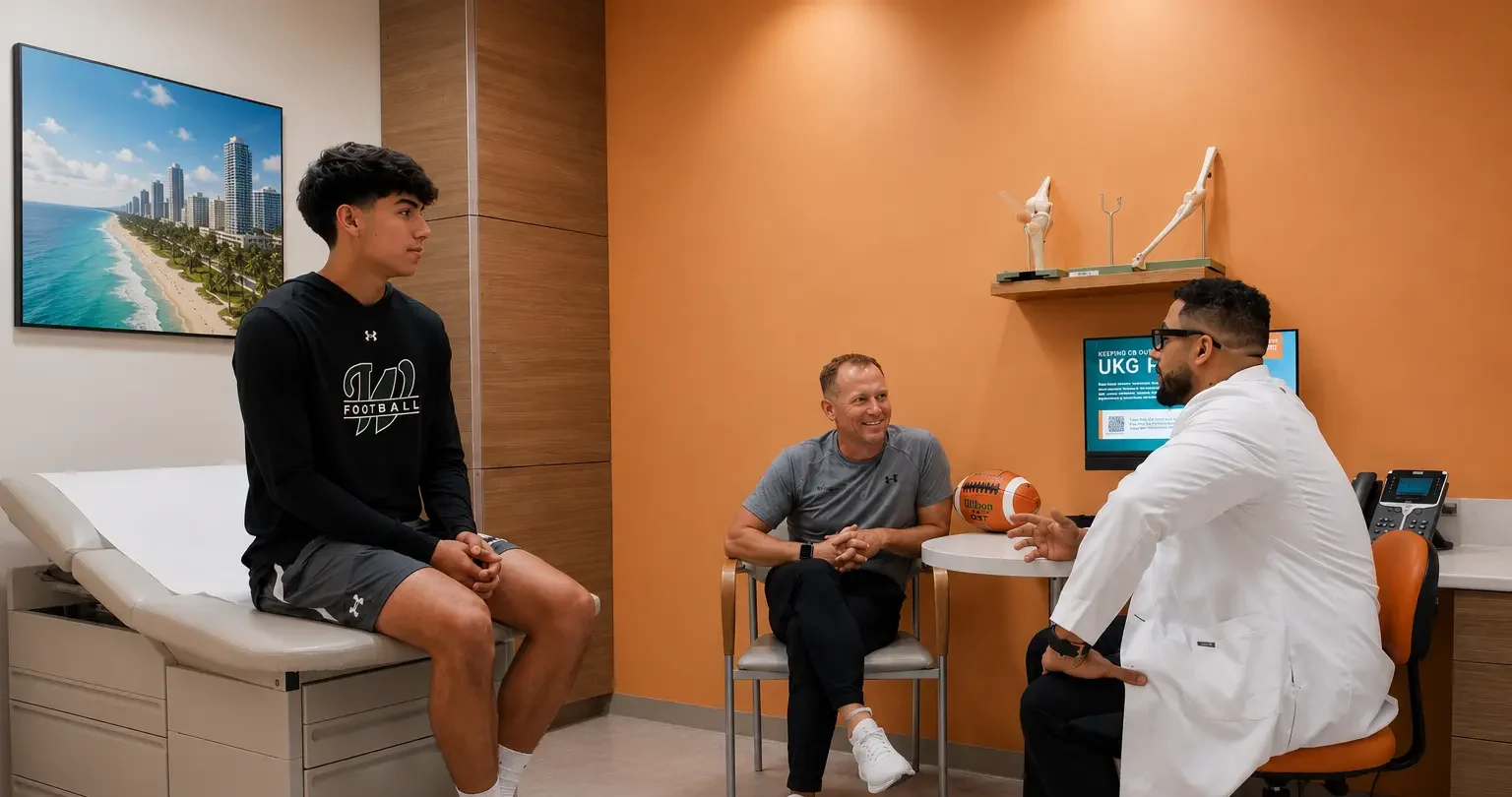 Dr. Kristopher Paultre talks to Josh Kirkland and his father about EKGs.