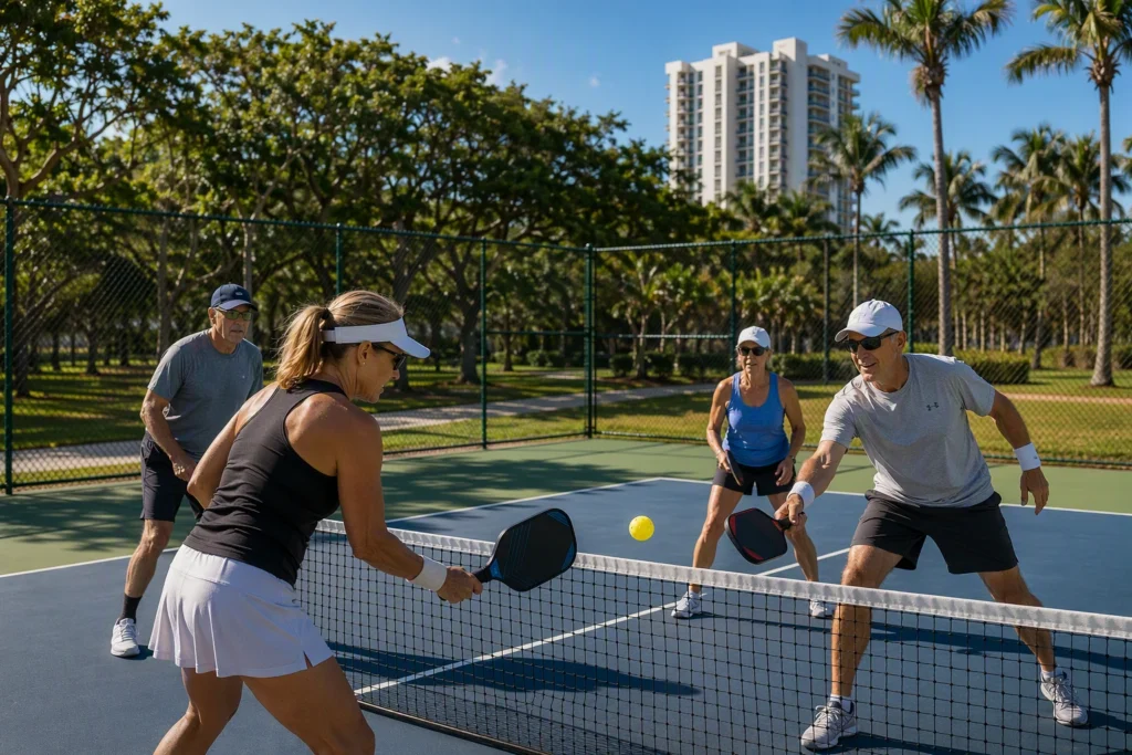 A group of adults playing pickleball in a South Florida park. AI generated image