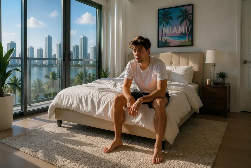 Youg man in Miami sitting on the edge of the bed in morning light, looking groggy but not distressed, with a subtle pill bottle blurred in the background on the nightstand. AI generated image