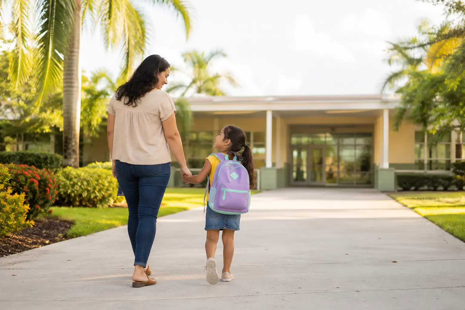 A mother holds hands with her young daughter wearing a backpack as they walk toward an elementary school on a sunny morning.