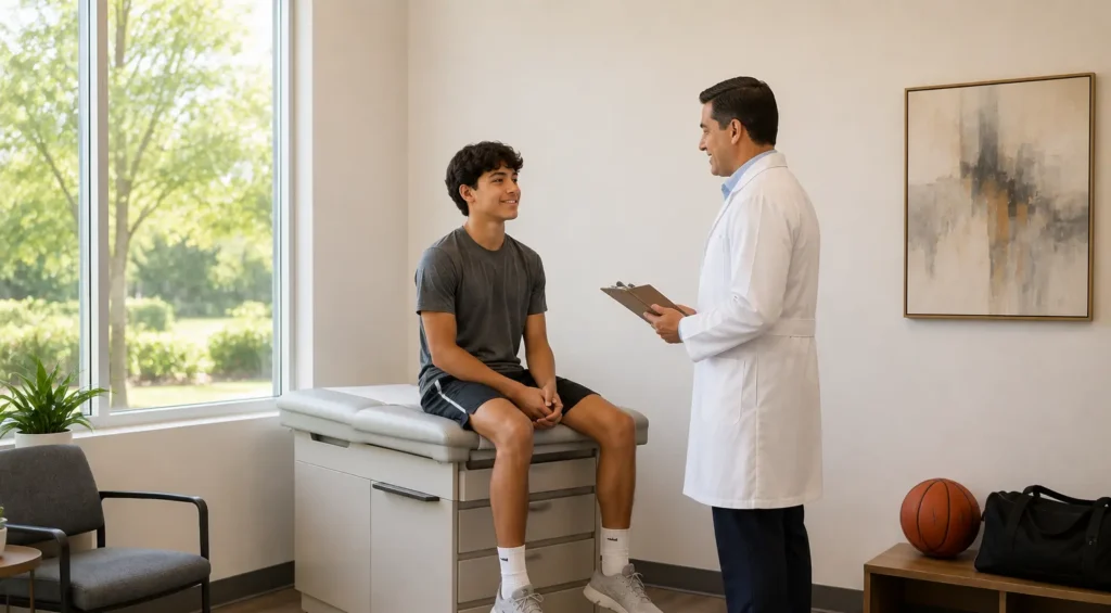 Hispanic teenage athlete talks with a physician holding a clipboard during a pre-participation sports physical, with a basketball and athletic bag nearby.