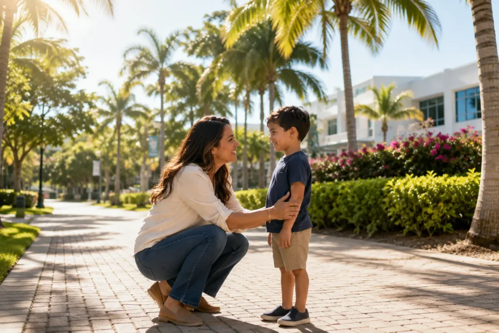 A Hispanic mother kneels and smiles at her young son on a sunny South Florida walkway lined with palm trees and tropical landscaping. AI generated