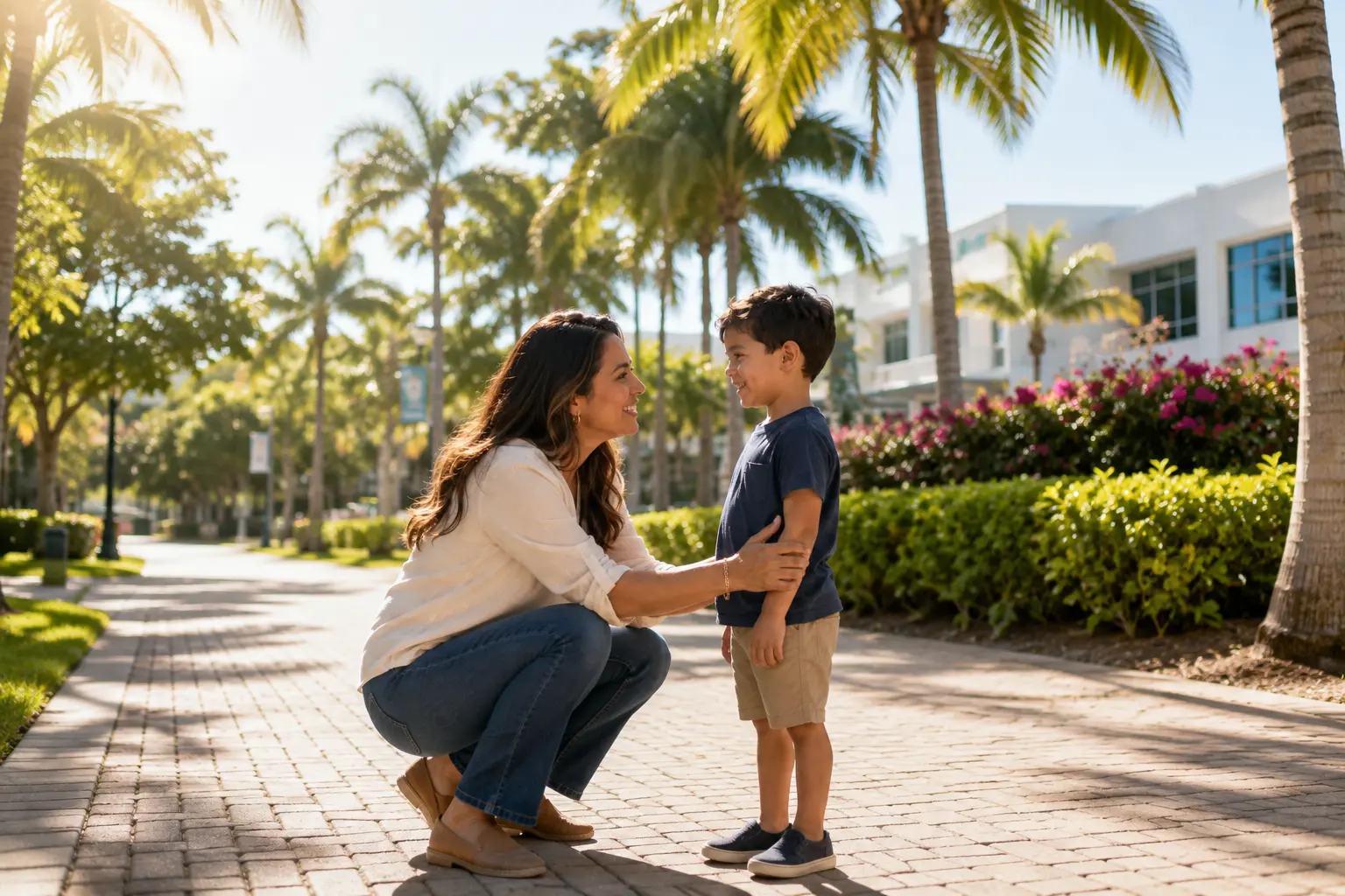 A Hispanic mother kneels and smiles at her young son on a sunny South Florida walkway lined with palm trees and tropical landscaping. AI generated