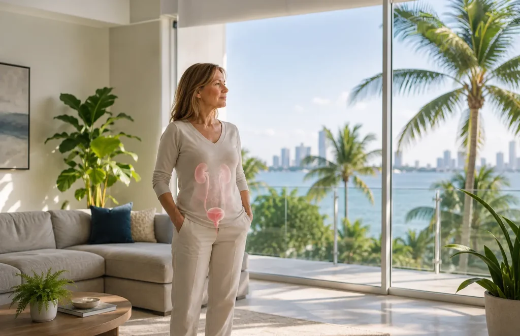 Woman standing in soft morning light with a subtle illustration of the urinary tract overlaid on her abdomen, representing urinary tract health and why women are more prone to UTIs.