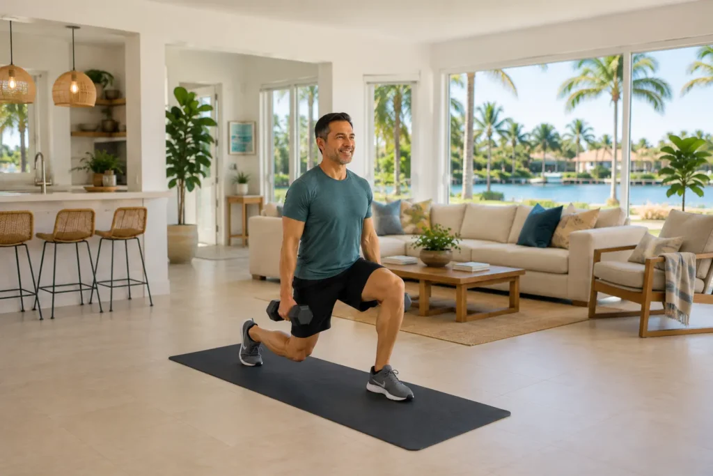 A middle-aged Hispanic man performs a dumbbell lunge in a bright South Florida home, demonstrating strength training as part of a healthy weight-loss routine.