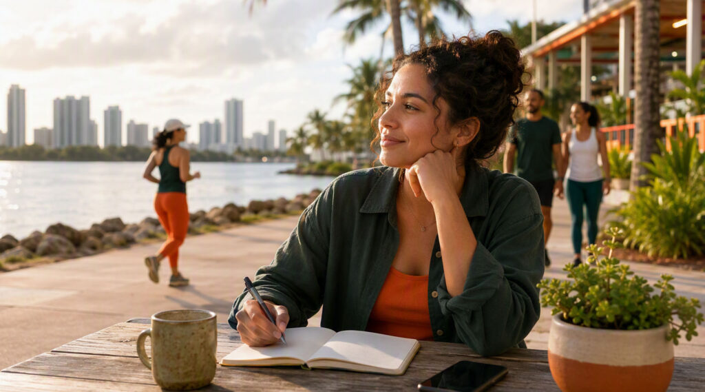 A person sits at an outdoor waterfront café in a South Florida-inspired setting, writing in a notebook beside a smartphone and coffee mug. In the background, people walk and exercise along a palm-lined promenade overlooking the water. Warm natural light, soft-focus city skyline and subtle orange and green accents create a health-focused scene that conveys balance, mindfulness and wellness in everyday life.