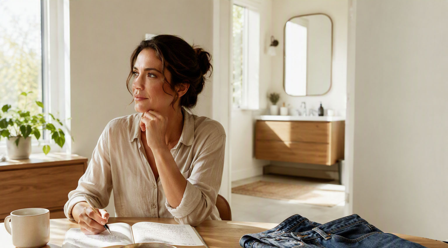 Person seated at a sunlit kitchen table reviewing notes in an open planner, with a partially eaten healthy breakfast and a pair of jeans nearby. A softly blurred bathroom vanity and mirror appear in the background of the contemporary home, creating a subtle visual narrative about noticing patterns and changes in daily life over time.