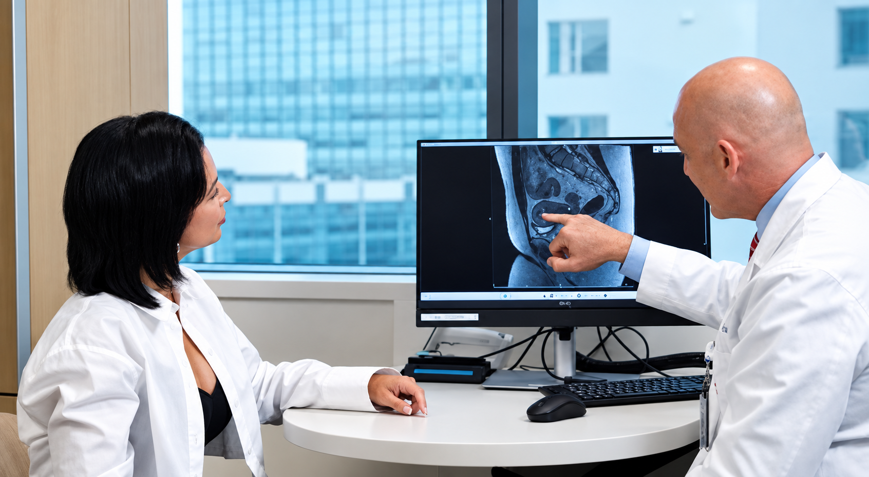 Kristina Ruiz and Dr. Troy Gatliffe seated at a table in a clinic office. Dr. Gatliffe is pointing to an image on a computer monitor.