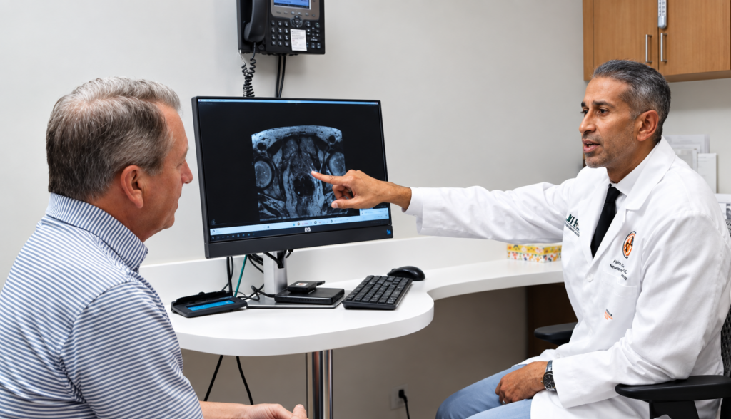 Dr. Punnen points to an MRI scan on a computer monitor while discussing the results with a seated Chris O'Shea in a medical examination room.